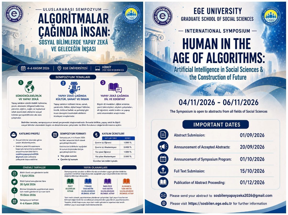 Uluslararası Sempozyum | Algortmalar Çağında İnsan: Sosyal Blmlerde Yapay Zeka ve Geleceğn İnşası (04-06 Kasım 2026)